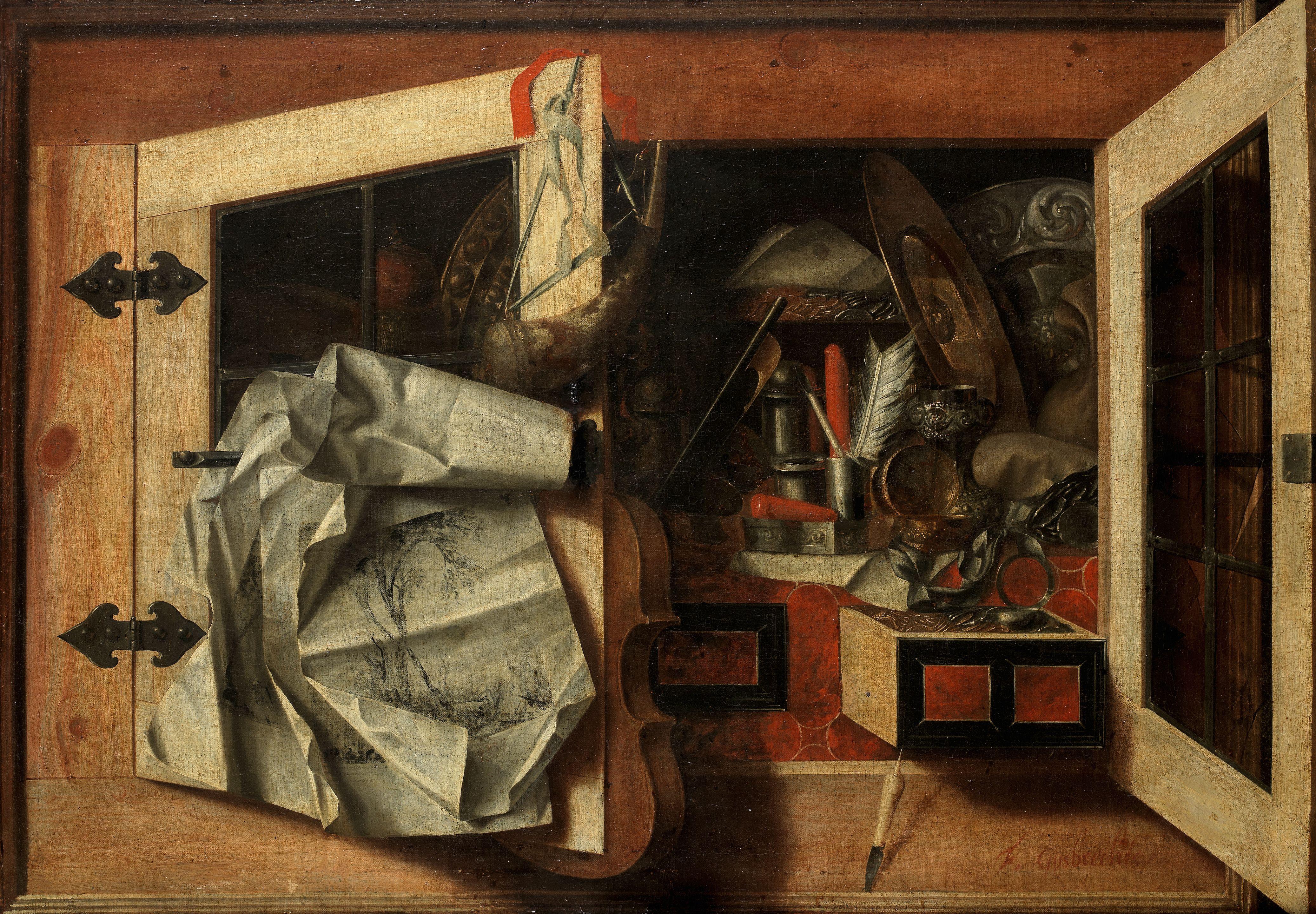 Franciscus Gysbrechts - A trompe l\'oeil still life of a half-open wall cabinet filled with writing implements, silver gilt dishes, a violin, hunting horn and other objects