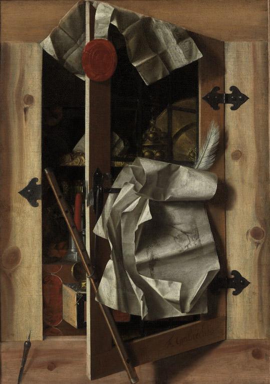 Franciscus Gysbrechts - A trompe l\'oeil still life with objects in a cupboard