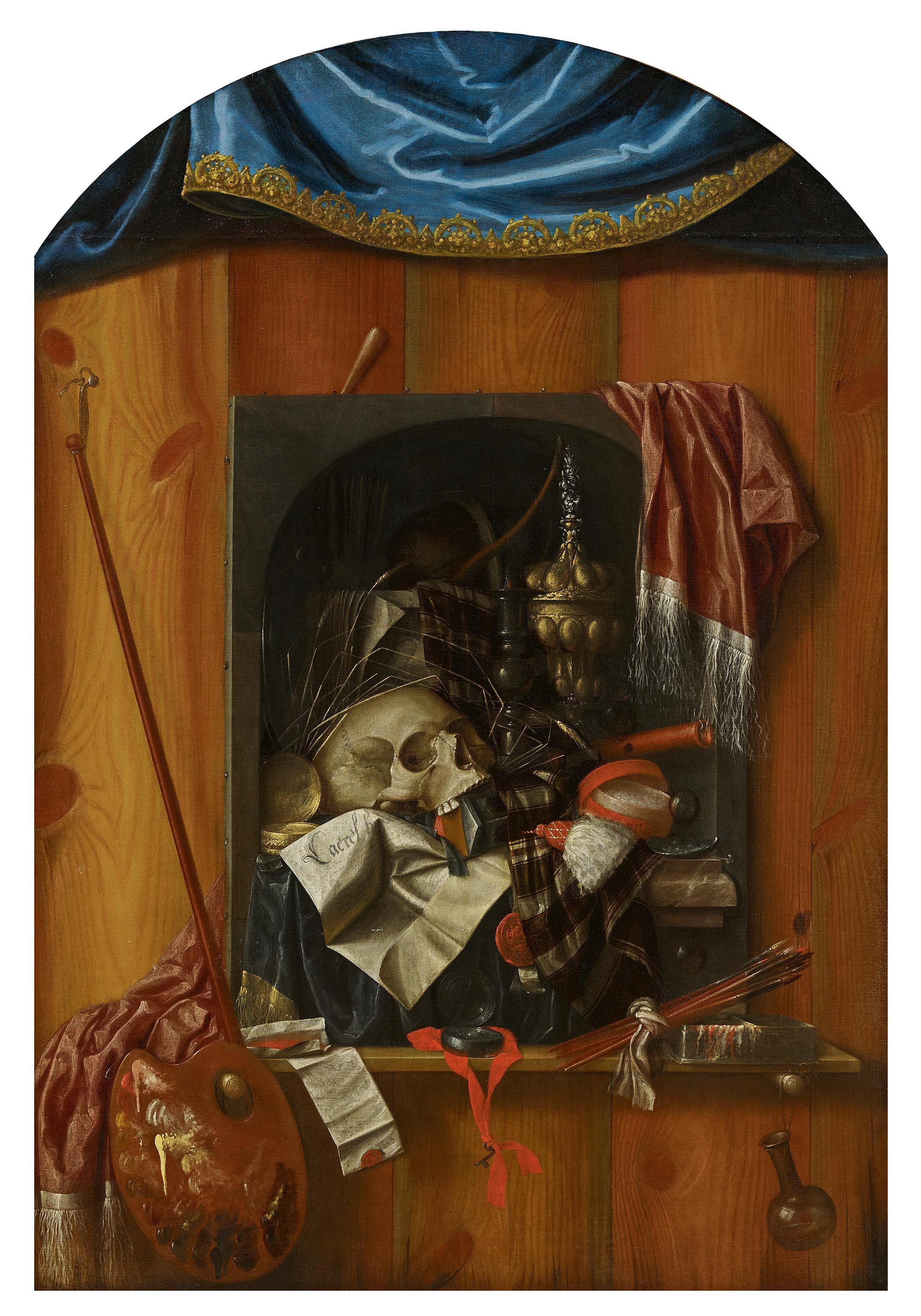 Franciscus Gysbrechts - Trompe-l\'oeil eines Vanitas-Stilllebens mit Uhr und Totenschädel auf einem Regal an einer Wand, daneben Malutensilien.