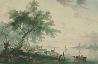 Franciscus Xaverius Xavery - 2 Bll.: Flusslandschaften mit Vieh und Booten.