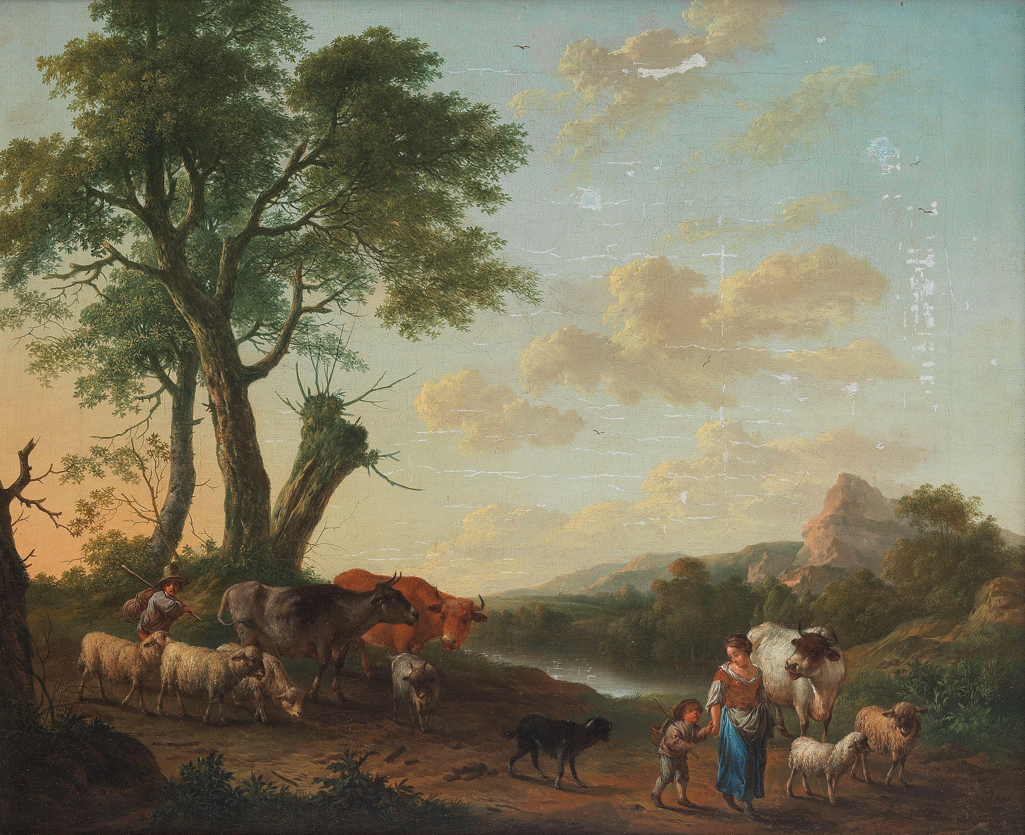 Franciscus Xavery - A Drover With Cattle And Sheep Before A Stream