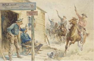 Franck Feller - Cow-Boys À Cheval Tirant Au Pistolet Devant Un Saloon