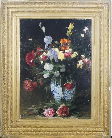 François Alfred Delobbe - Bouquet of Irises, Poppies and Peonies
