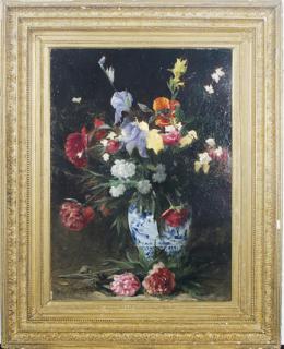 François Alfred Delobbe - Bouquet of Irises, Poppies and Peonies
