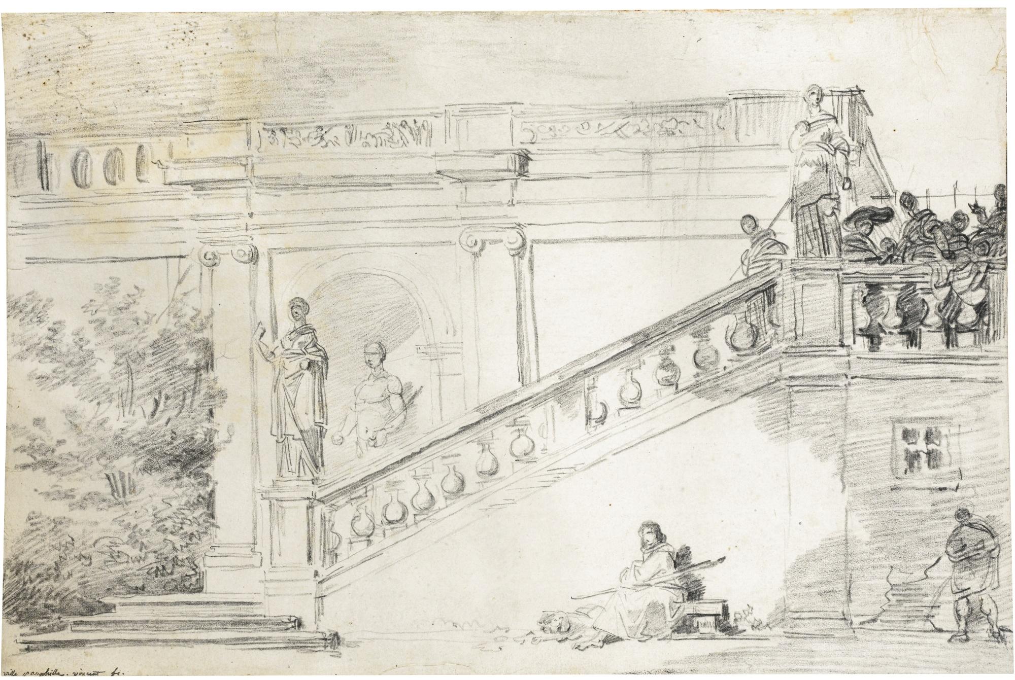 François-André Vincent - A View  Of Villa Pamphili With A Large Staircase With Antique Statues And Figures
