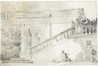 François-André Vincent - A View  Of Villa Pamphili With A Large Staircase With Antique Statues And Figures