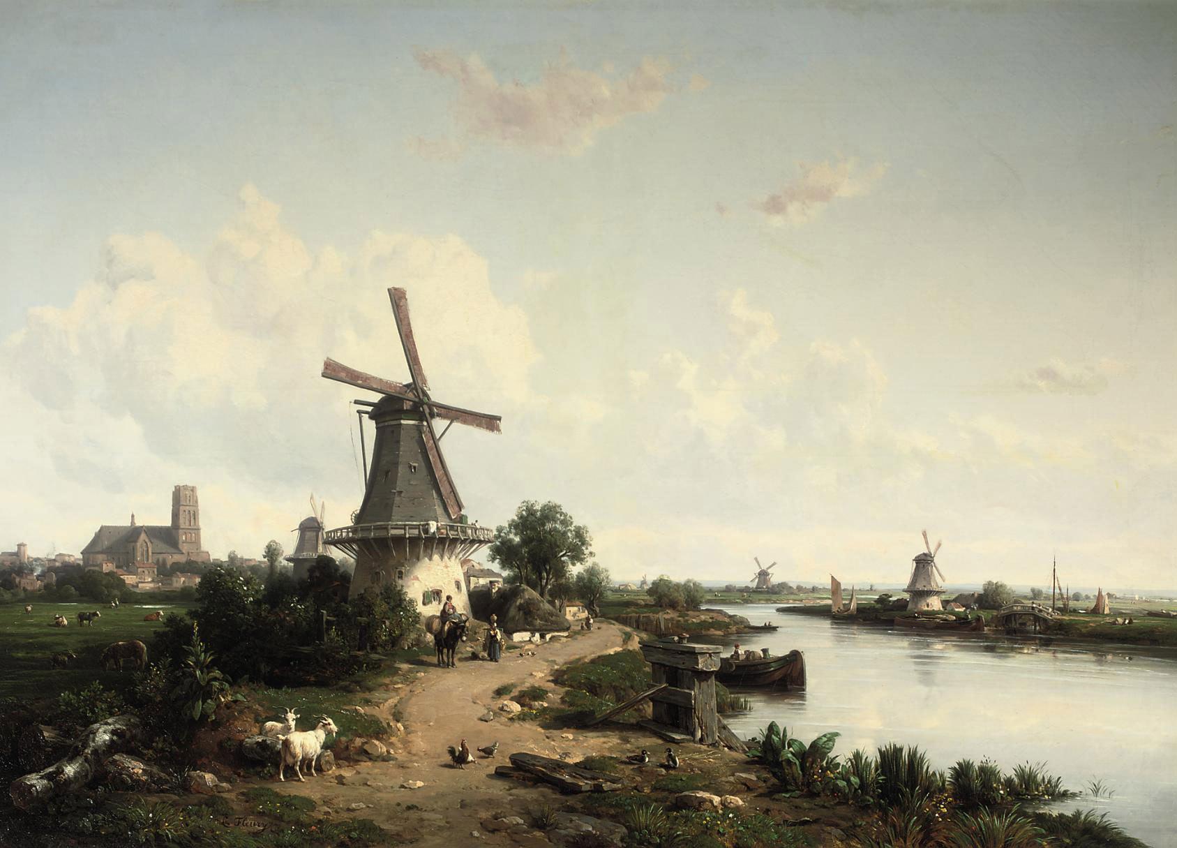 François Antoine Léon Fleury - Daily activities near a stream in summer