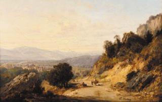François Antoine Léon Fleury - Figures on a mountain track, a town beyond