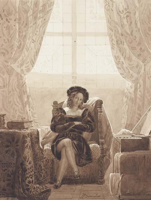 François-Barthélémy-Augustin Desmoulins - Raphaël assis dans un intérieur Rennaissance, sa palette et un carton à dessins à sa gauche