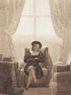 François-Barthélémy-Augustin Desmoulins - Raphaël assis dans un intérieur Rennaissance, sa palette et un carton à dessins à sa gauche