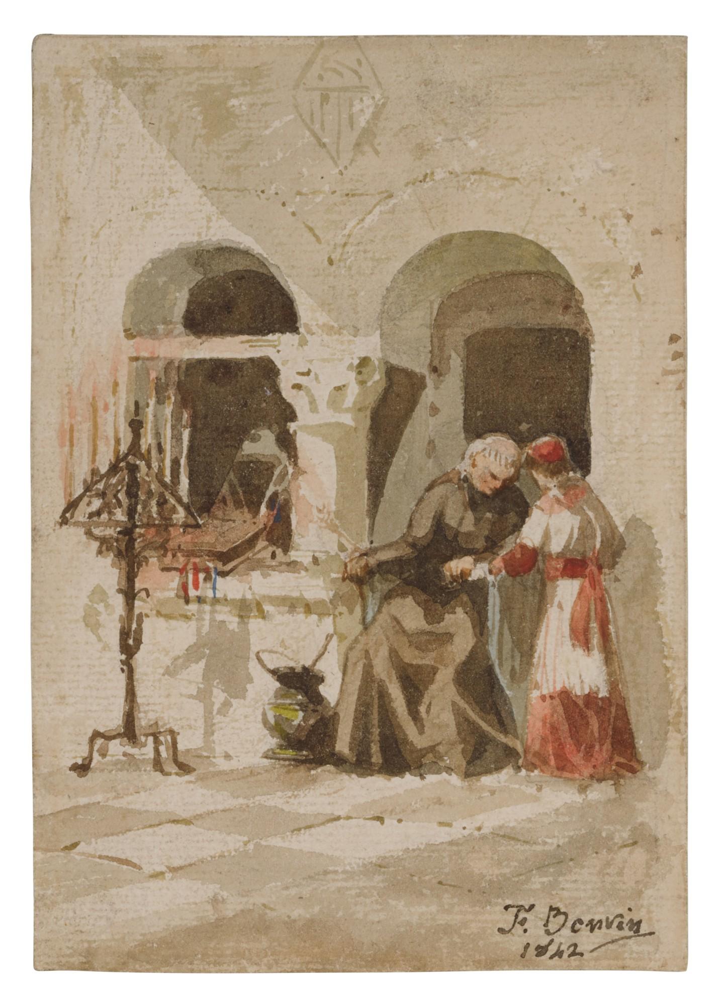 François Bonvin - A seated monk with a standing acolyte