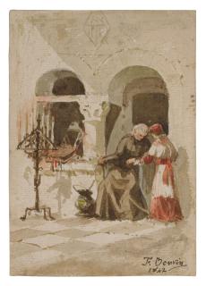 François Bonvin - A seated monk with a standing acolyte