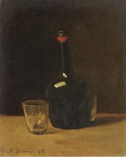 François Bonvin - Nature morte: a bottle of port and glasses on a ledge