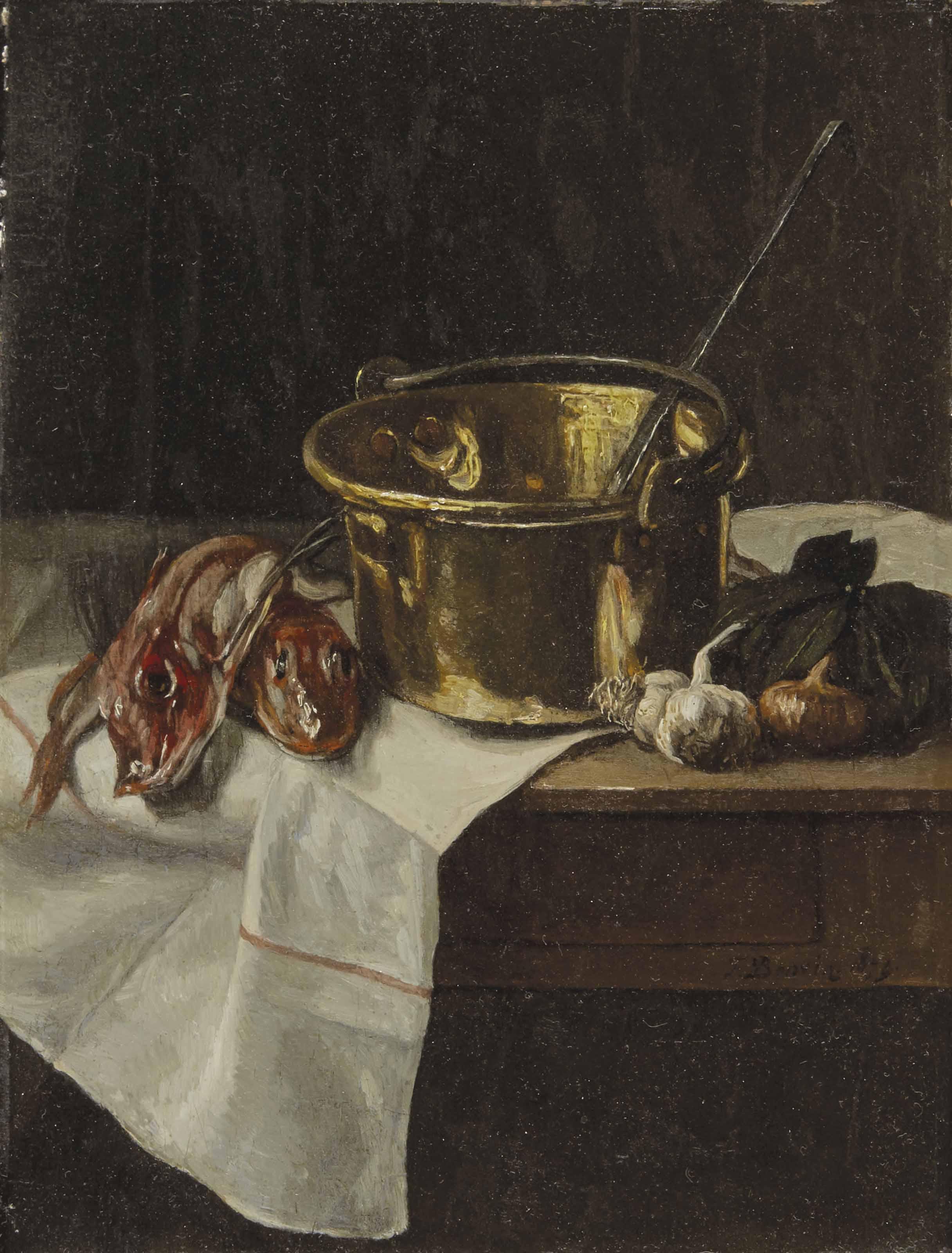 François Bonvin - Nature morte au chaudron en cuivre et poissons