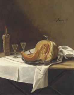 François Bonvin - Nature morte avec un melon, une bouteille de vin et un verre sur une table