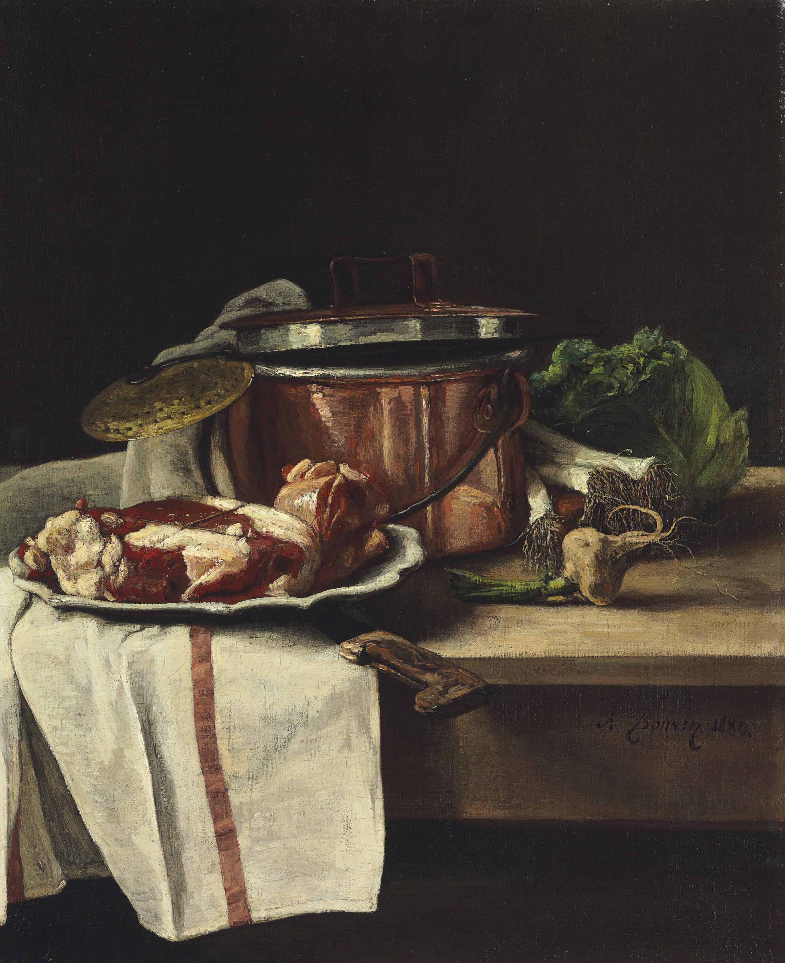 François Bonvin - Still Life with Cabbage, Leeks, Garlic and Beef by a Copper Pot