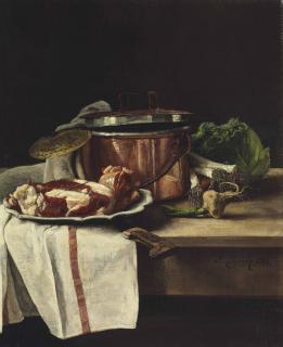 François Bonvin - Still Life with Cabbage, Leeks, Garlic and Beef by a Copper Pot