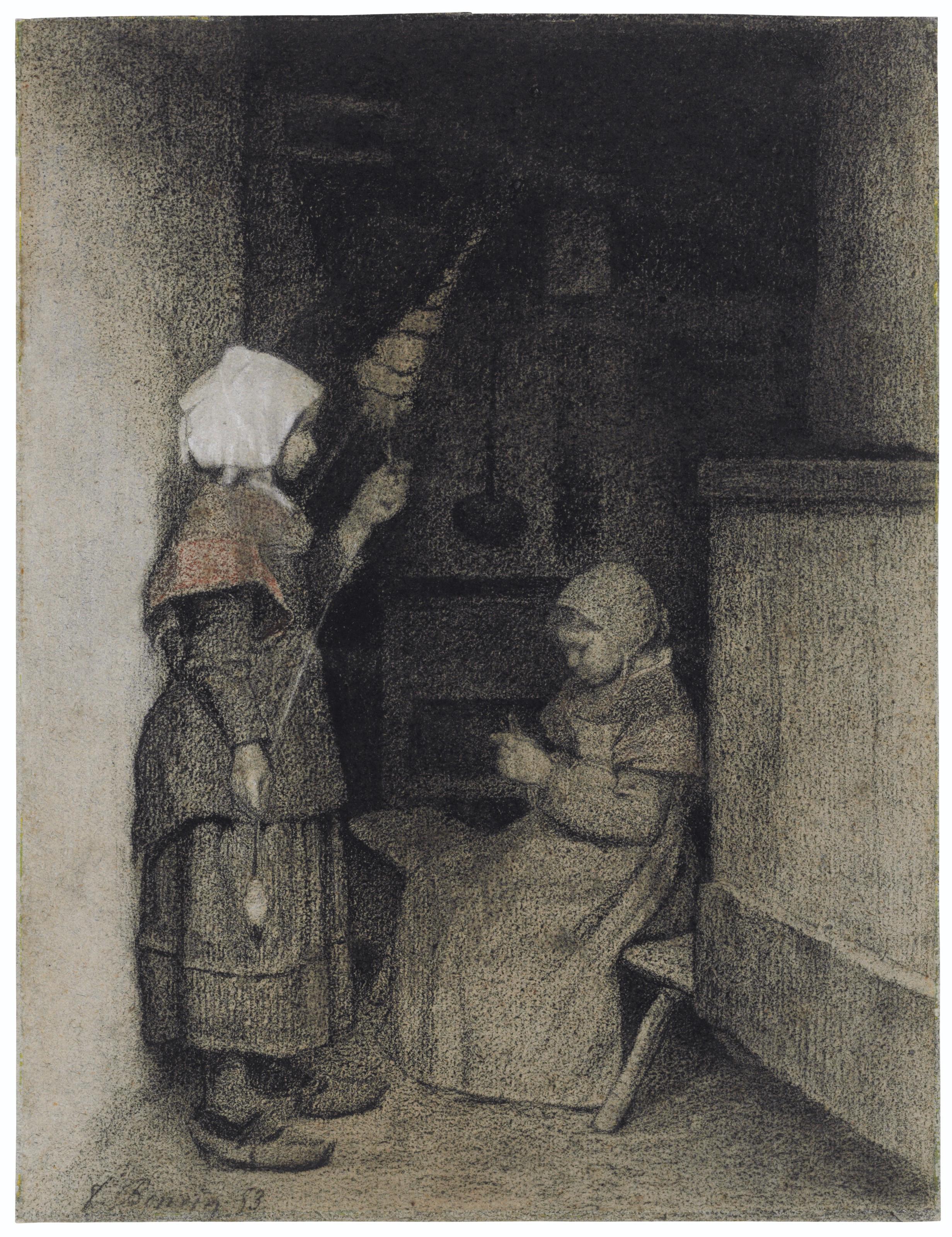 François Bonvin - Two girls spinning and knitting