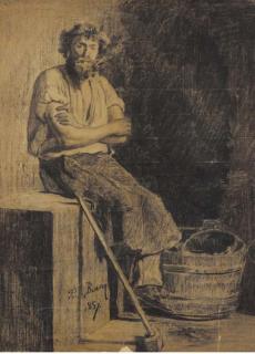 François Bonvin - Un forgeron assis, fumant une pipe, une masse et une bassine à ses côtés