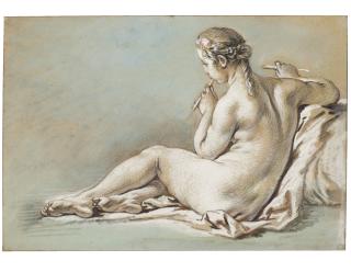 François Boucher - A nude woman playing a flute, seen from behind