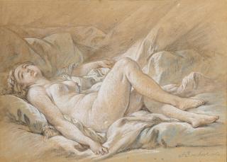 François Boucher - A reclining female on a bed