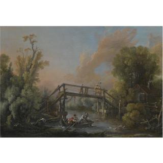François Boucher - A River Landscape With A Woman Crossing A Bridge And Three Men In A Boat On The River Below