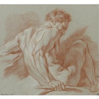 François Boucher - A Seated Male Academy Nude, Holding A Staff, Seen From The Side