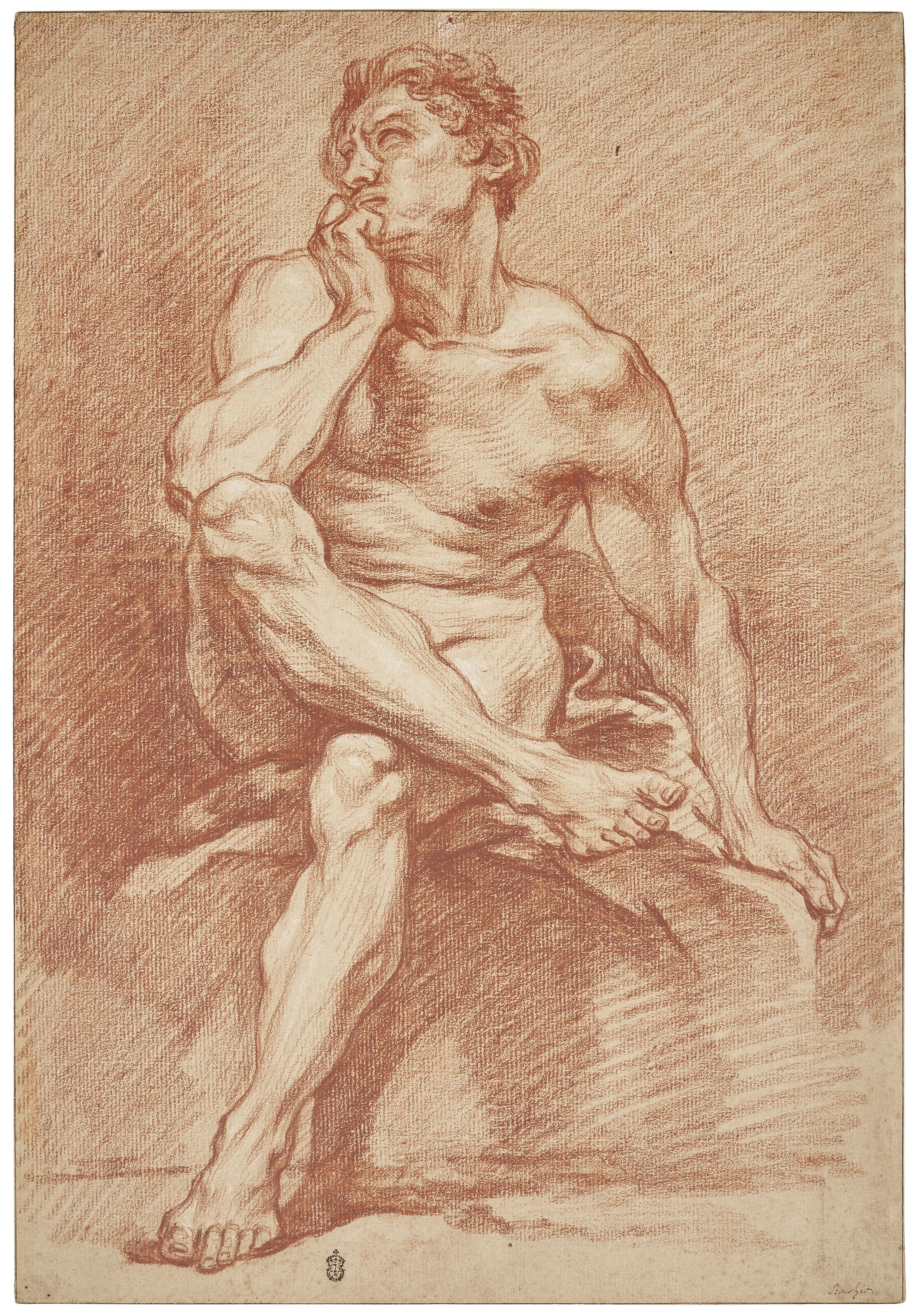 François Boucher - A seated male nude, looking up