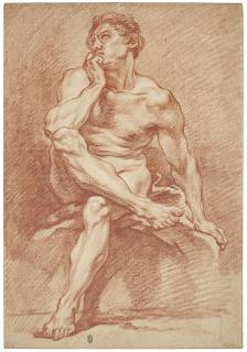 François Boucher - A seated male nude, looking up