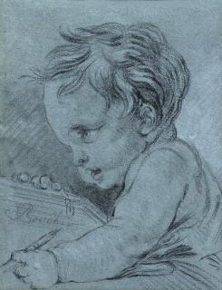 François Boucher - A small child holding a porte-crayon and an album