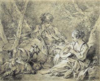 François Boucher - A young shepherdess presenting a flower to a shepherd