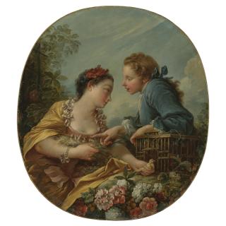 François Boucher - A Young Woman And Youth Placing Young Birds In A Cage: \