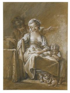 François Boucher - A Young Woman Asleep In A Chair Accompanied By A Small Child And A Cat, Being Tickled From Behind By A Young Man With A Straw