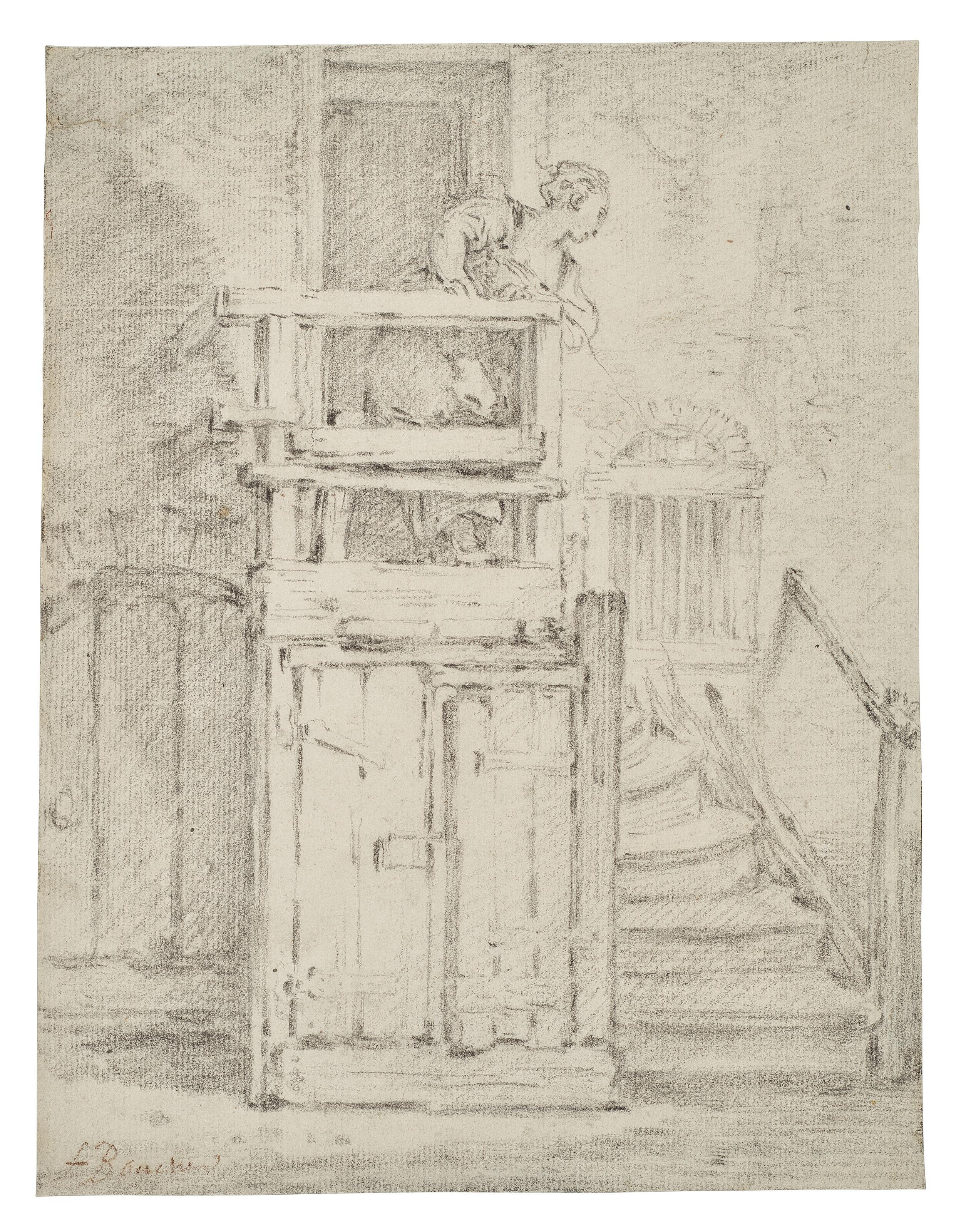 François Boucher - A young woman at the top of stairs outside a rustic building