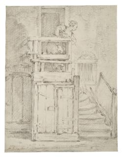 François Boucher - A young woman at the top of stairs outside a rustic building