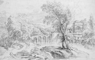 François Boucher - An Extensive River Landscape With A Bridge And A Fortified Town Beyond