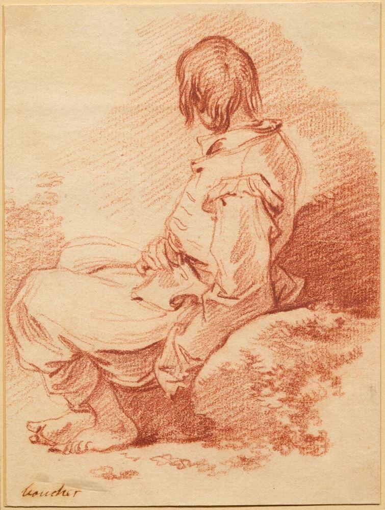 François Boucher - Auf einem Stein sitzender Knabe nach links.
