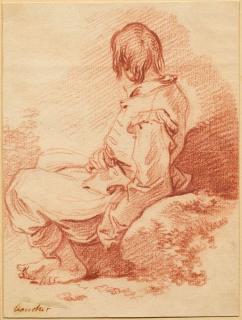 François Boucher - Auf einem Stein sitzender Knabe nach links.
