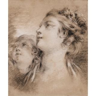 François Boucher - Etude Pour Les Visages D\'Une Jeune Femme Et D\'Un Putto, Regardant Vers La Gauche