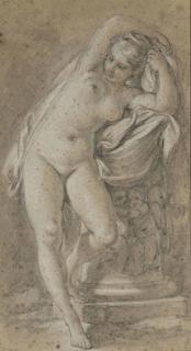 François Boucher - Femme Nue Debout Accoudée À Une Colonne Ornée De Putti