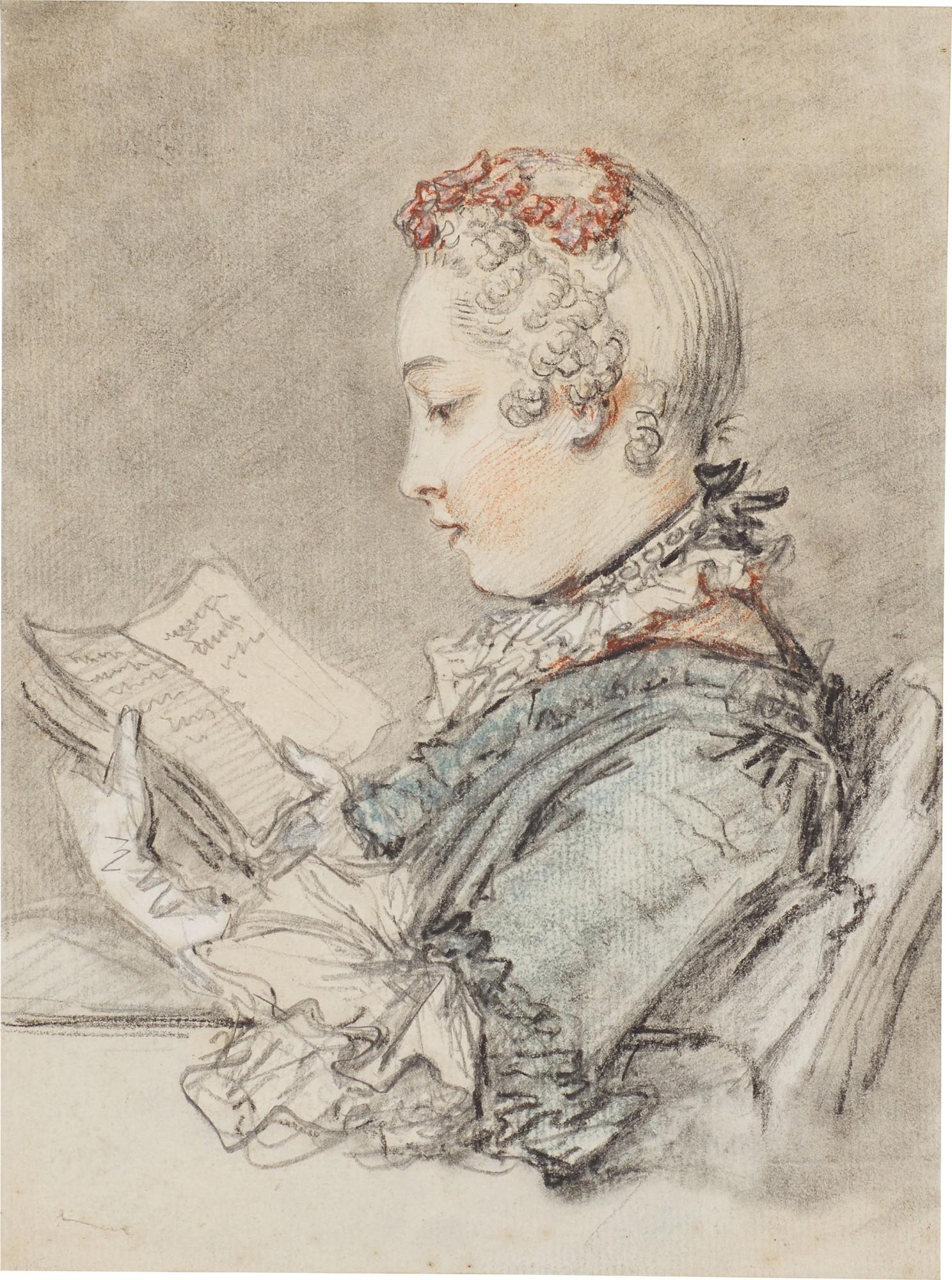 François Boucher - Half-length of a seated Young Woman reading ‘Abelard et Héloïse’