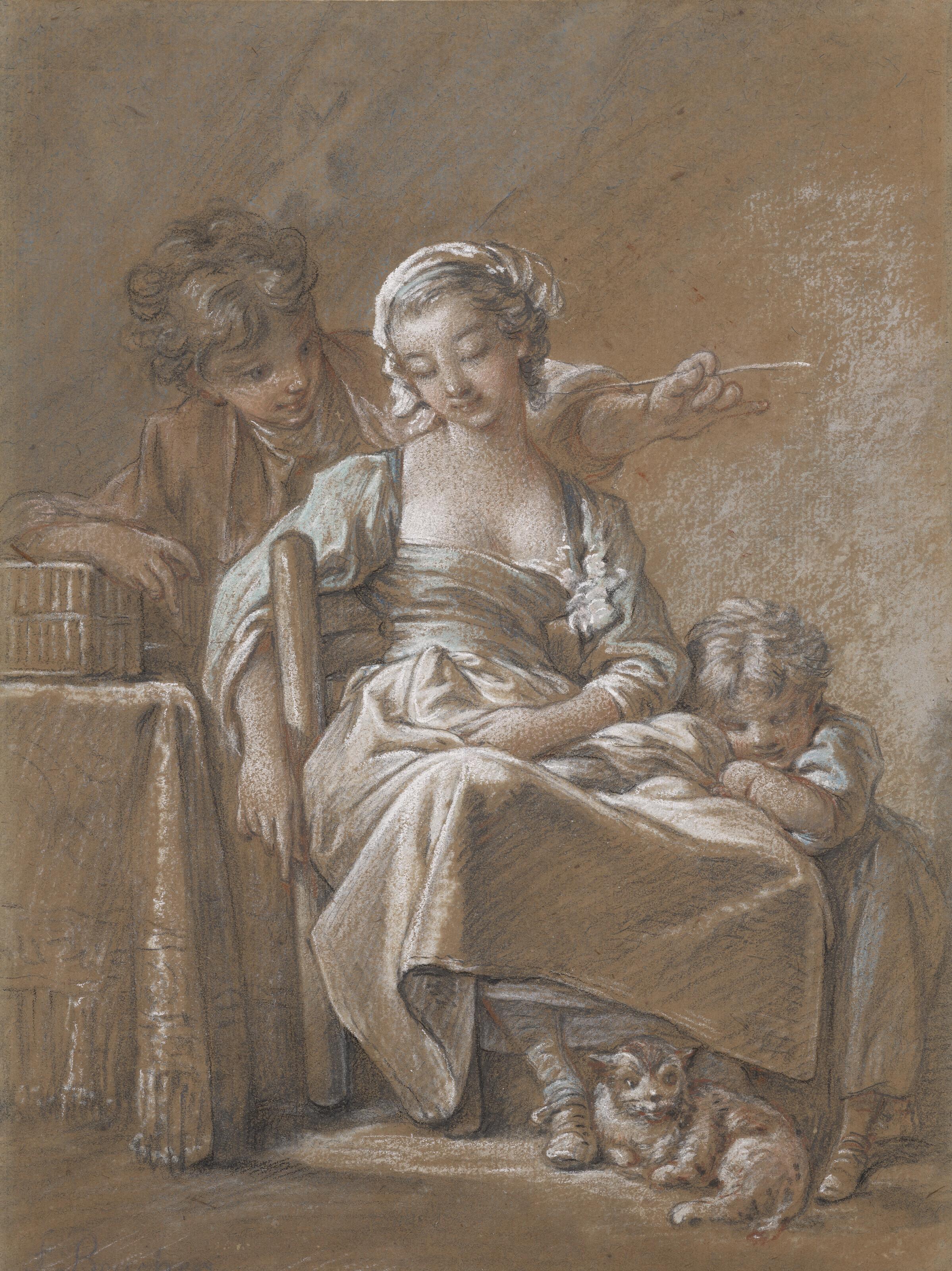 François Boucher - Jeune homme chatouillant une jeune fille assoupie avec un fétu de paille entourée de deux enfants et d’un chat