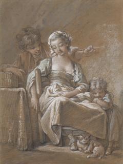 François Boucher - Jeune homme chatouillant une jeune fille assoupie avec un fétu de paille entourée de deux enfants et d’un chat
