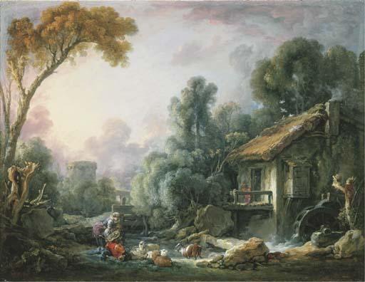 François Boucher - Le Moulin à Eau: A landscape with a herdsman and his family by a mill
