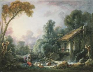 François Boucher - Le Moulin à Eau: A landscape with a herdsman and his family by a mill