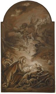 François Boucher - Le Sommeil De L\'Enfant Jésusfrançois Boucher ; Virgin Attending To The Sleeping Christ Child ; Oil On Canvas With Arched Top, En Camaïeu Brun