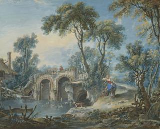 François Boucher - Pont dans un paysage avec femme, enfant et chien sur le bord du rivage