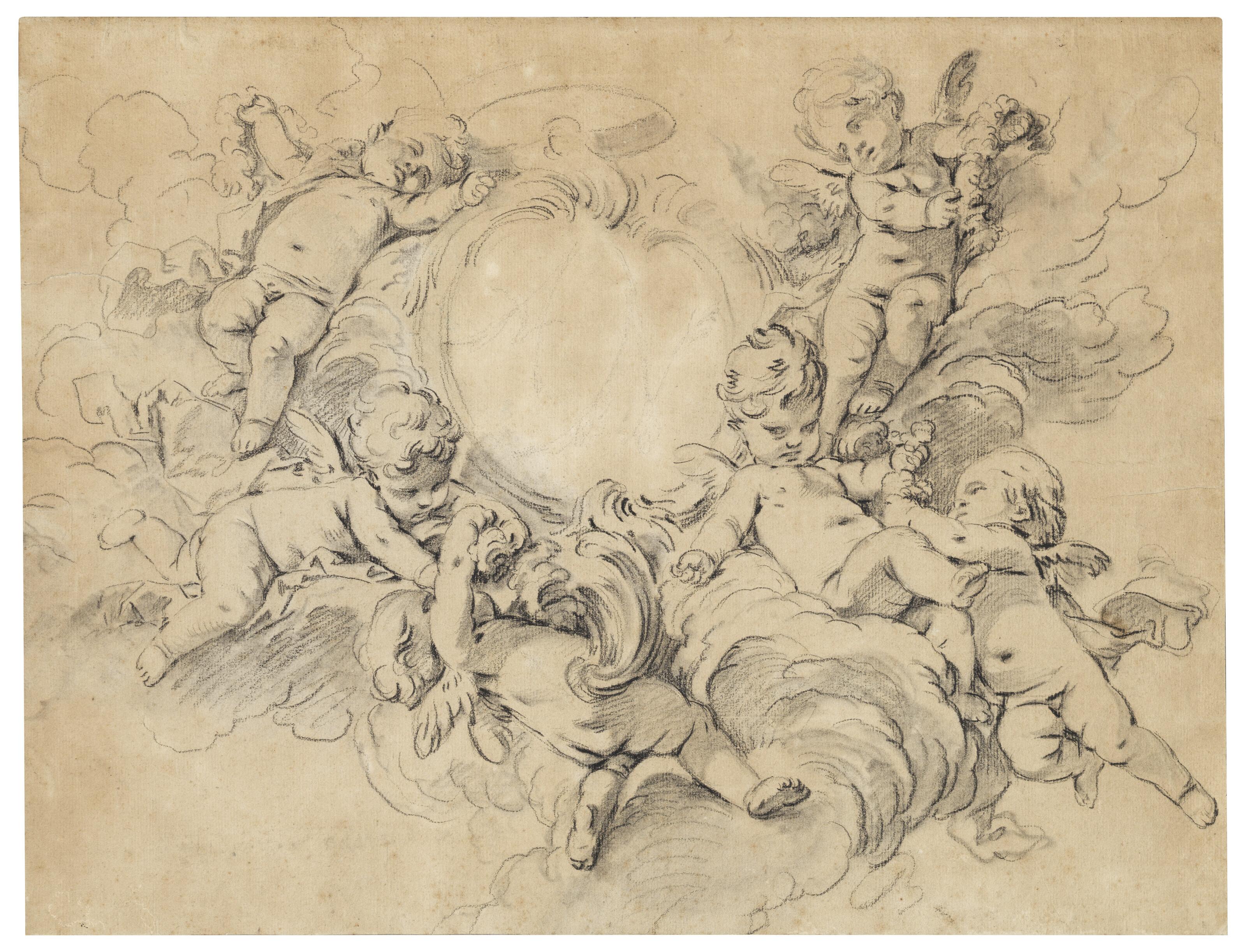 François Boucher - Putti in clouds, supporting a cartouche containing the initials ‘AN’