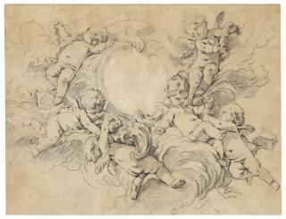 François Boucher - Putti in clouds, supporting a cartouche containing the initials ‘AN’