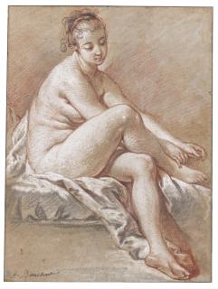 François Boucher - Study Of A Seated Young Female Nude Extending Her Hands To Her Right Foot